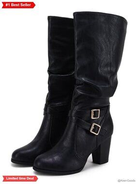 Faux Leather Mid Calf Boots Chunky Heel Slouchy Buckle Side Zip